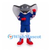 Shark Mascot Costume in Gray with Blue Sports Outfit and Red Gloves