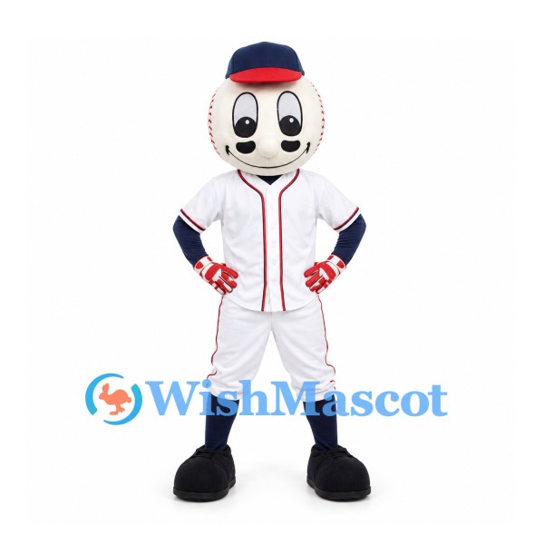 Baseball Mascot Costume with White Uniform and Navy Cap