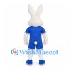 Rabbit Mascot Costume in White with Blue Soccer Uniform