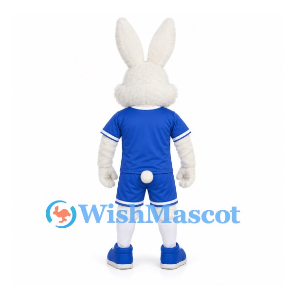 Rabbit Mascot Costume in White with Blue Soccer Uniform