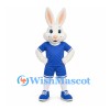 Rabbit Mascot Costume in White with Blue Soccer Uniform