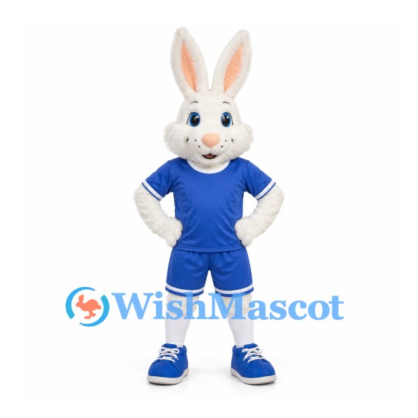 Rabbit Mascot Costume in White with Blue Soccer Uniform