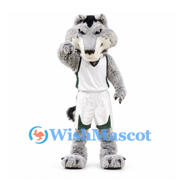 Wolf Mascot Costume in Gray with White Sports Uniform