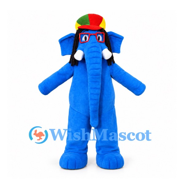 Elephant Mascot Costume in Blue with Colorful Cap and Braids