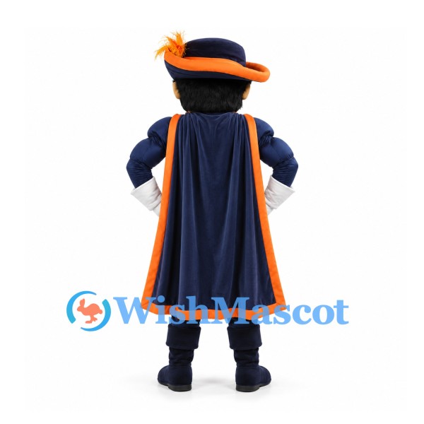 Musketeer Mascot Costume with Navy Uniform and Orange Trim