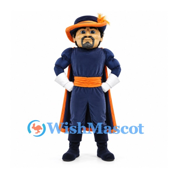 Musketeer Mascot Costume with Navy Uniform and Orange Trim