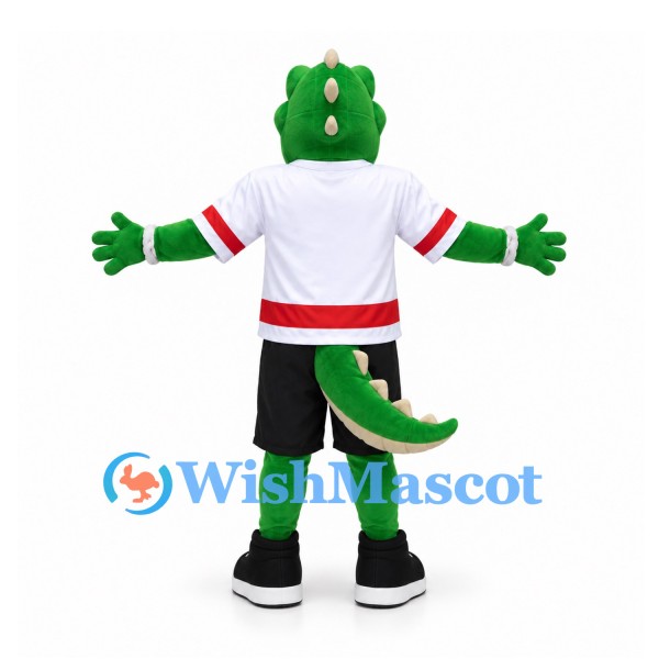 Crocodile Mascot Costume with White Sports Shirt and Black Shorts