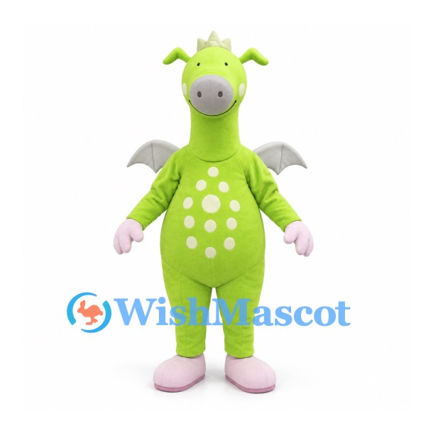 Dragon Mascot Costume in Lime Green with White Spots and Wings