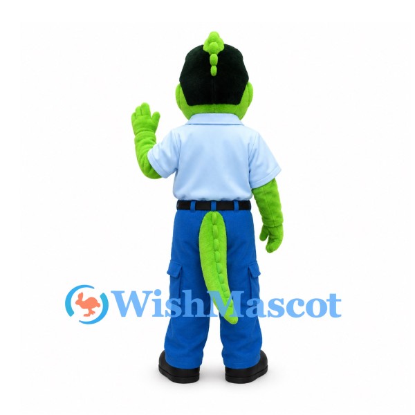 Lizard Mascot Costume with Pale Blue Police Shirt and Navy Cap