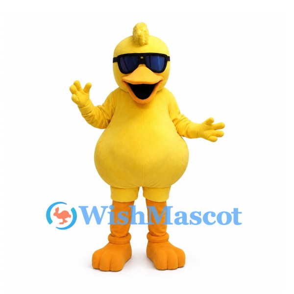 Duck Mascot Costume in Yellow with Black Sunglasses