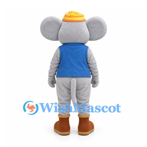 Mouse Mascot Costume in Gray with Blue Vest and Yellow Hat