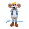 Mouse Mascot Costume in Gray with Blue Vest and Yellow Hat