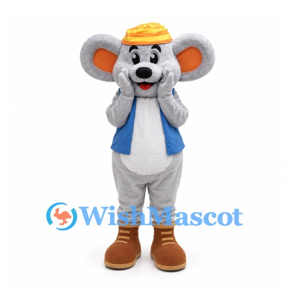 Mouse Mascot Costume in Gray with Blue Vest and Yellow Hat