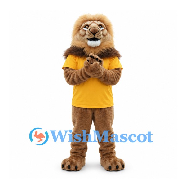 Lion Mascot Costume with Yellow Shirt and Large Tan Mane