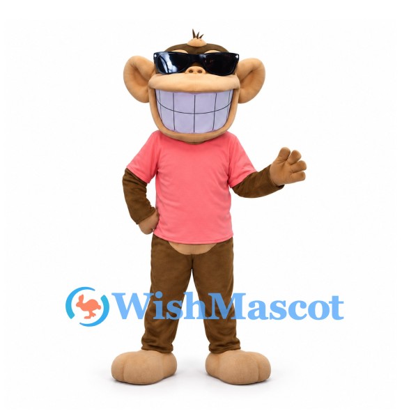 Monkey Mascot Costume with Pink Shirt and Wide Toothy Smile