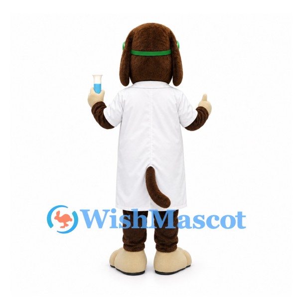 Dog Mascot Costume with White Lab Coat and Green Safety Goggles