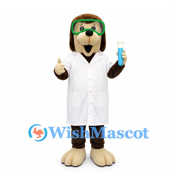 Dog Mascot Costume with White Lab Coat and Green Safety Goggles