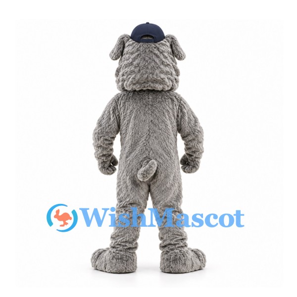 Bulldog Mascot Costume in Gray with Shaggy Fur and Navy Cap
