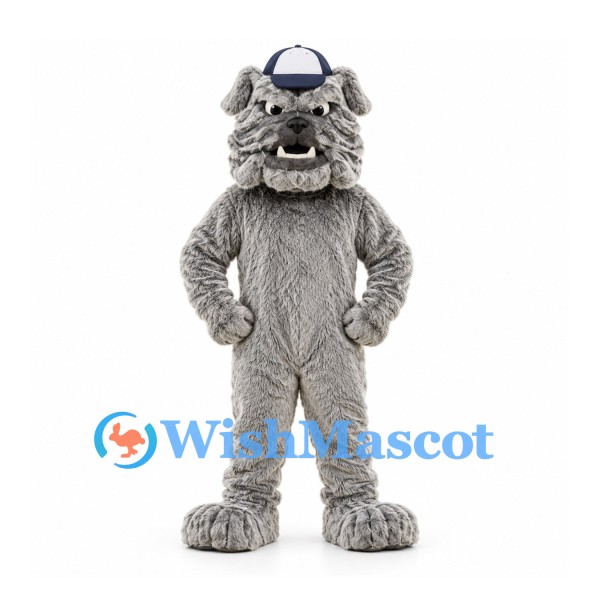 Bulldog Mascot Costume in Gray with Shaggy Fur and Navy Cap