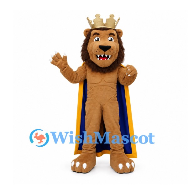 Lion Mascot Costume with Gold Crown and Long Blue Cape