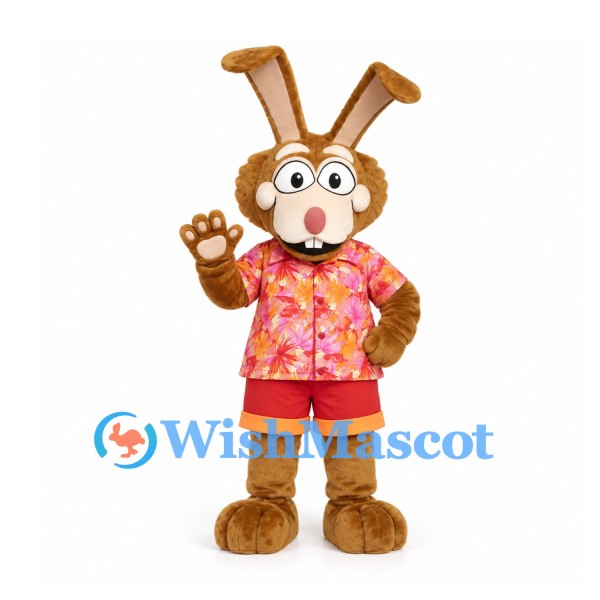 Rabbit Mascot Costume with Pink Floral Shirt and Red Shorts