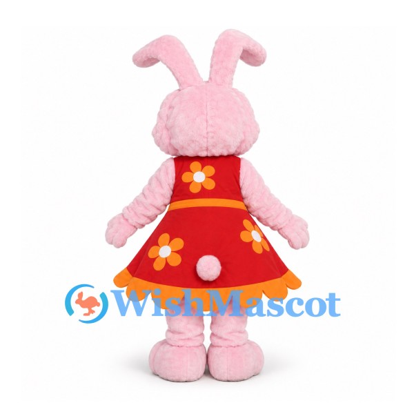 Rabbit Mascot Costume in Pink with Red Floral Dress