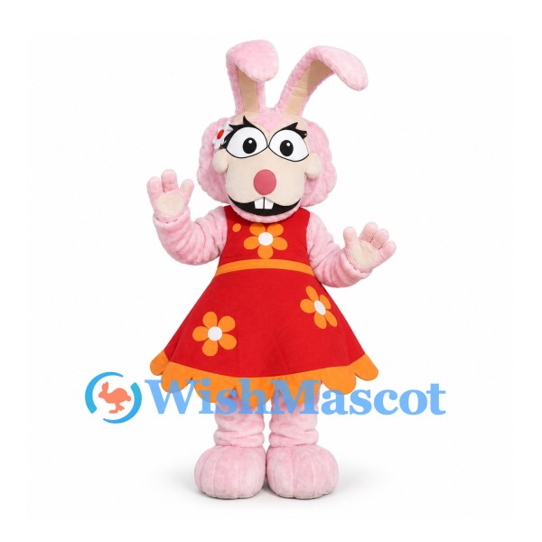 Rabbit Mascot Costume in Pink with Red Floral Dress