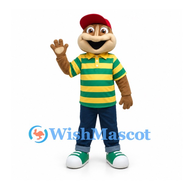 Beaver Mascot Costume with Green Yellow Striped Shirt and Red Cap