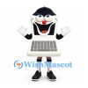 Laptop Mascot Costume in White with Smiling Screen and Navy Cap