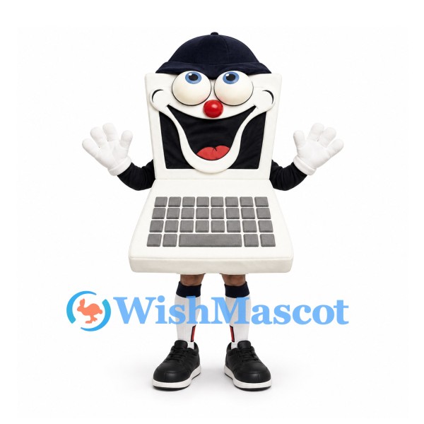 Laptop Mascot Costume in White with Smiling Screen and Navy Cap