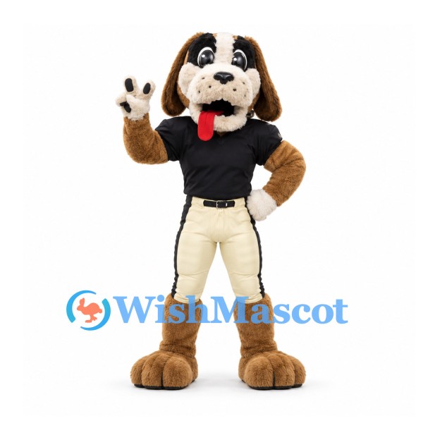 Dog Mascot Costume with Black Football Shirt and Cream Pants