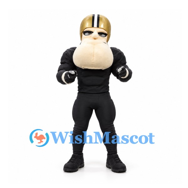 Football Player Mascot Costume with Gold Helmet and Black Uniform