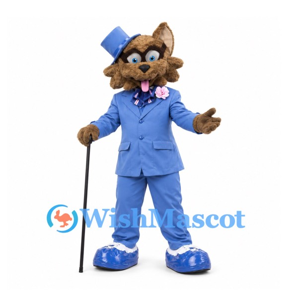 Raccoon Mascot Costume with Blue Suit and Matching Top Hat
