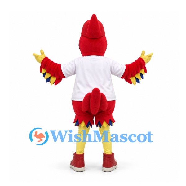 Cardinal Mascot Costume with Red Feathers and White Shirt