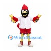 Cardinal Mascot Costume with Red Feathers and White Shirt