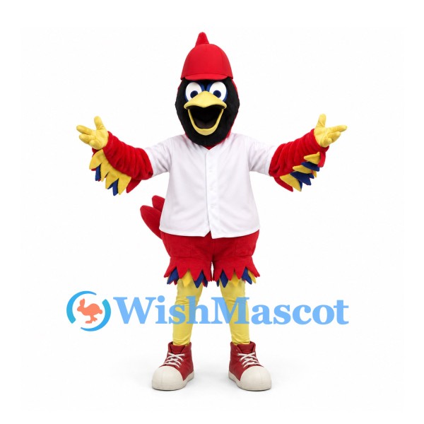 Cardinal Mascot Costume with Red Feathers and White Shirt