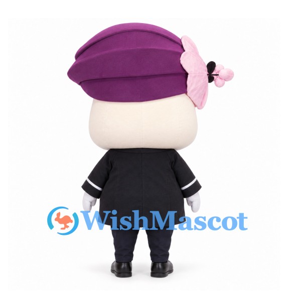 Girl Mascot Costume with Purple Floral Hat and Black Suit