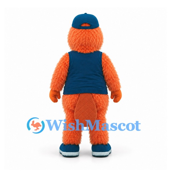 Monster Mascot Costume in Orange with Navy Vest and Cap