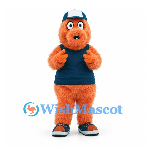 Monster Mascot Costume in Orange with Navy Vest and Cap
