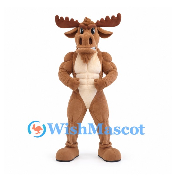 Moose Mascot Costume with Muscular Brown Body and Large Antlers