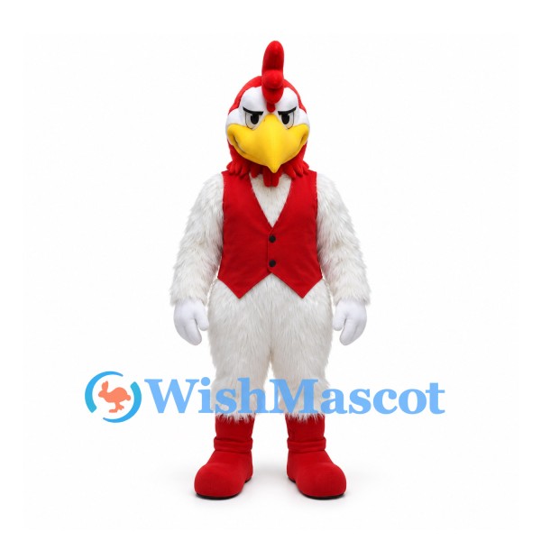 Rooster Mascot Costume in White with Red Vest and Comb