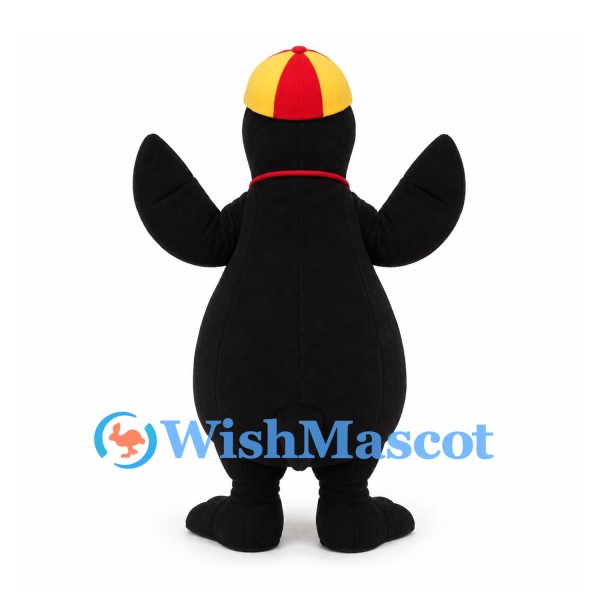Penguin Mascot Costume with Red Yellow Cap and Whistle