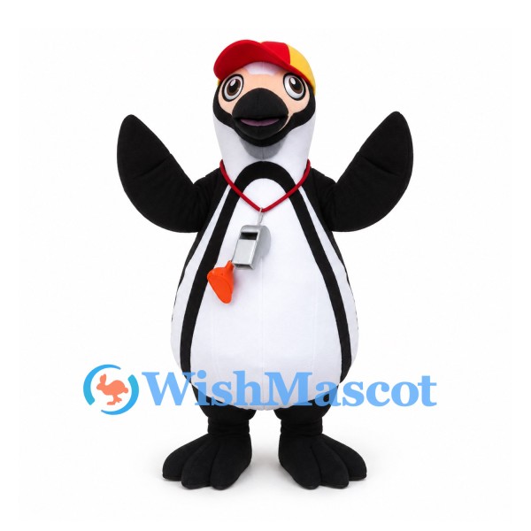 Penguin Mascot Costume with Red Yellow Cap and Whistle