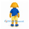Dog Mascot Costume in Yellow with Blue Polo Shirt and Cream Shorts