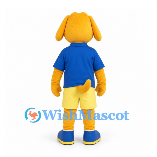 Dog Mascot Costume in Yellow with Blue Polo Shirt and Cream Shorts
