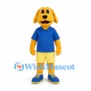 Dog Mascot Costume in Yellow with Blue Polo Shirt and Cream Shorts