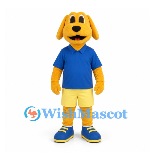 Dog Mascot Costume in Yellow with Blue Polo Shirt and Cream Shorts