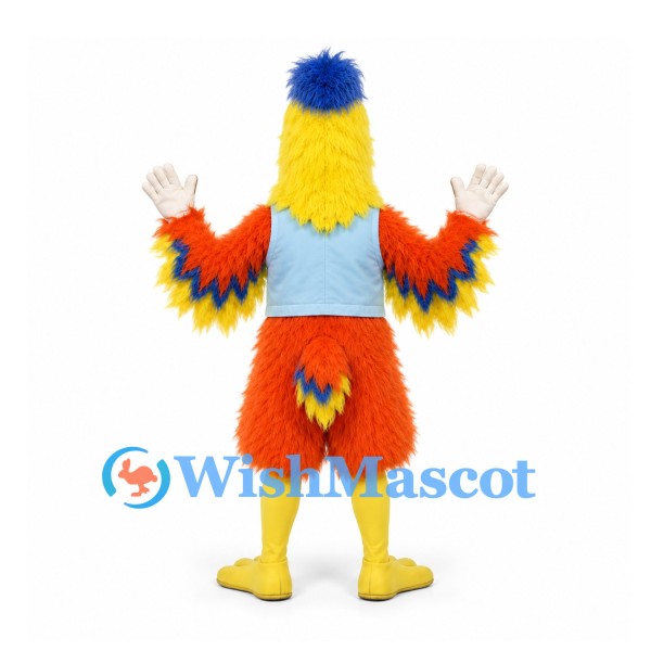 Parrot Mascot Costume with Yellow Head and Colorful Feathered Wings