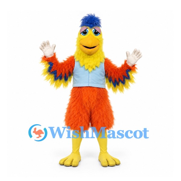 Parrot Mascot Costume with Yellow Head and Colorful Feathered Wings