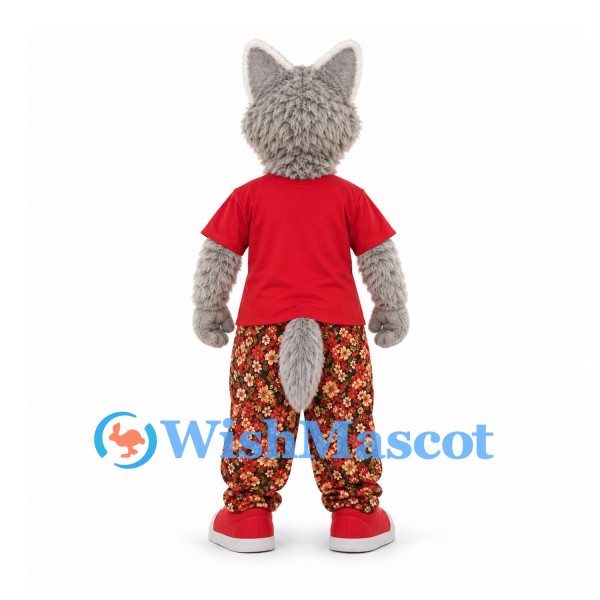 Wolf Mascot Costume in Gray with Red Shirt and Floral Pants